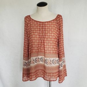 Sweet Journey Womens Boho Tunic Size S Copper Sheer Long Sleeve Blouse